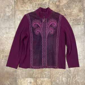 bob mackie wearable art vintage y2k purple paisley leather zip up jacket large